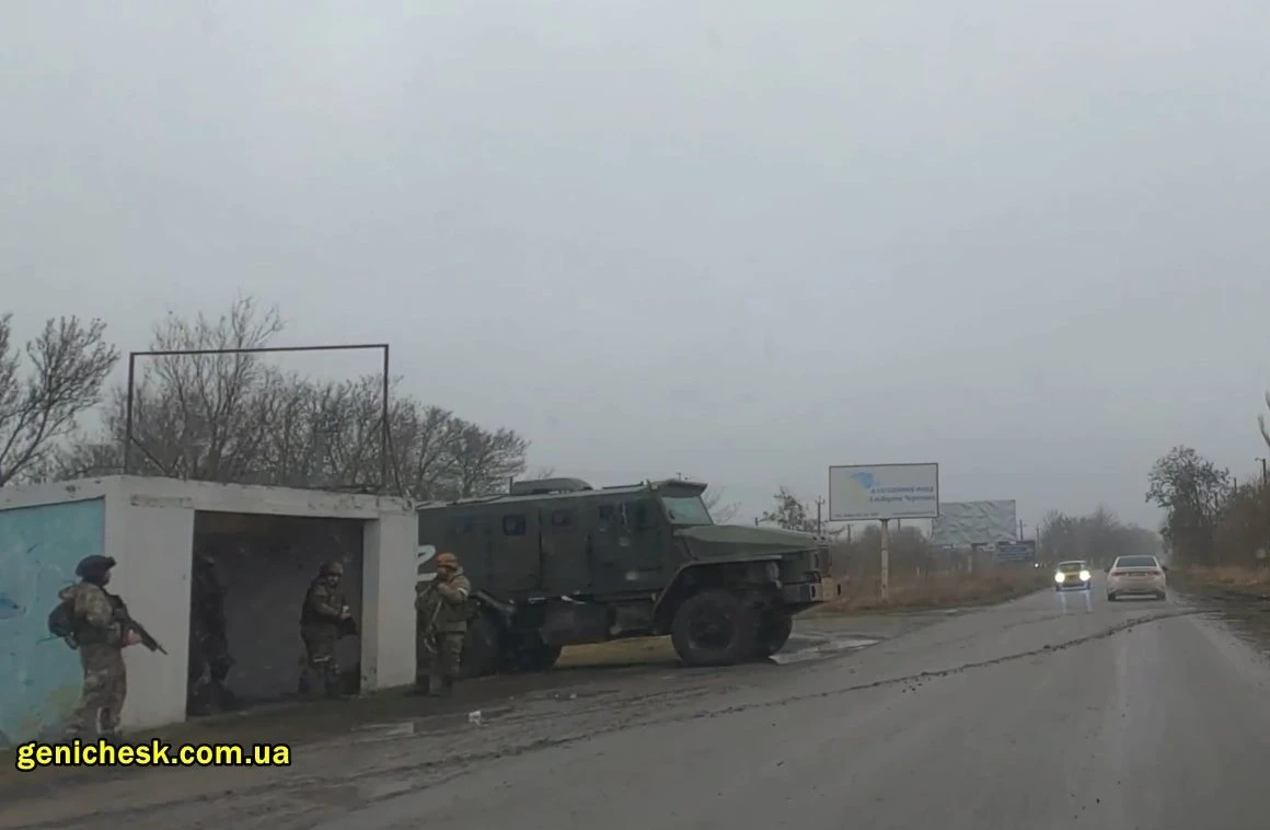 Блокпост російських військових на в’їзді до Генічеська зі сторони с. Придорожнє. 20 лютого 2023 року 