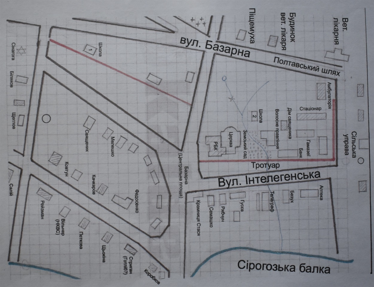 Карта-схема довоєнних Нижніх Сірогоз. Автор Юрій Безух