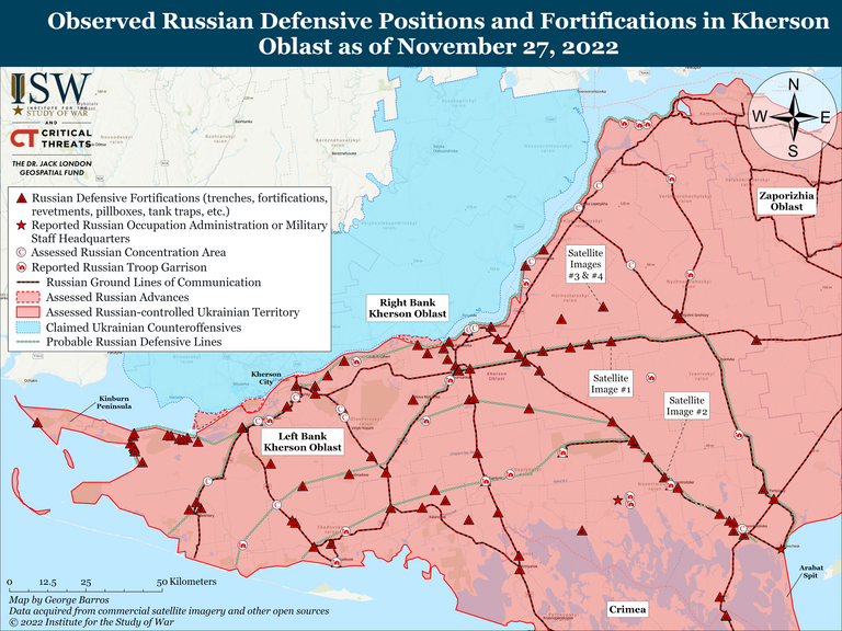 Карта розташування позицій військ рф на лівому березі Херсонської області. Фото ISW 