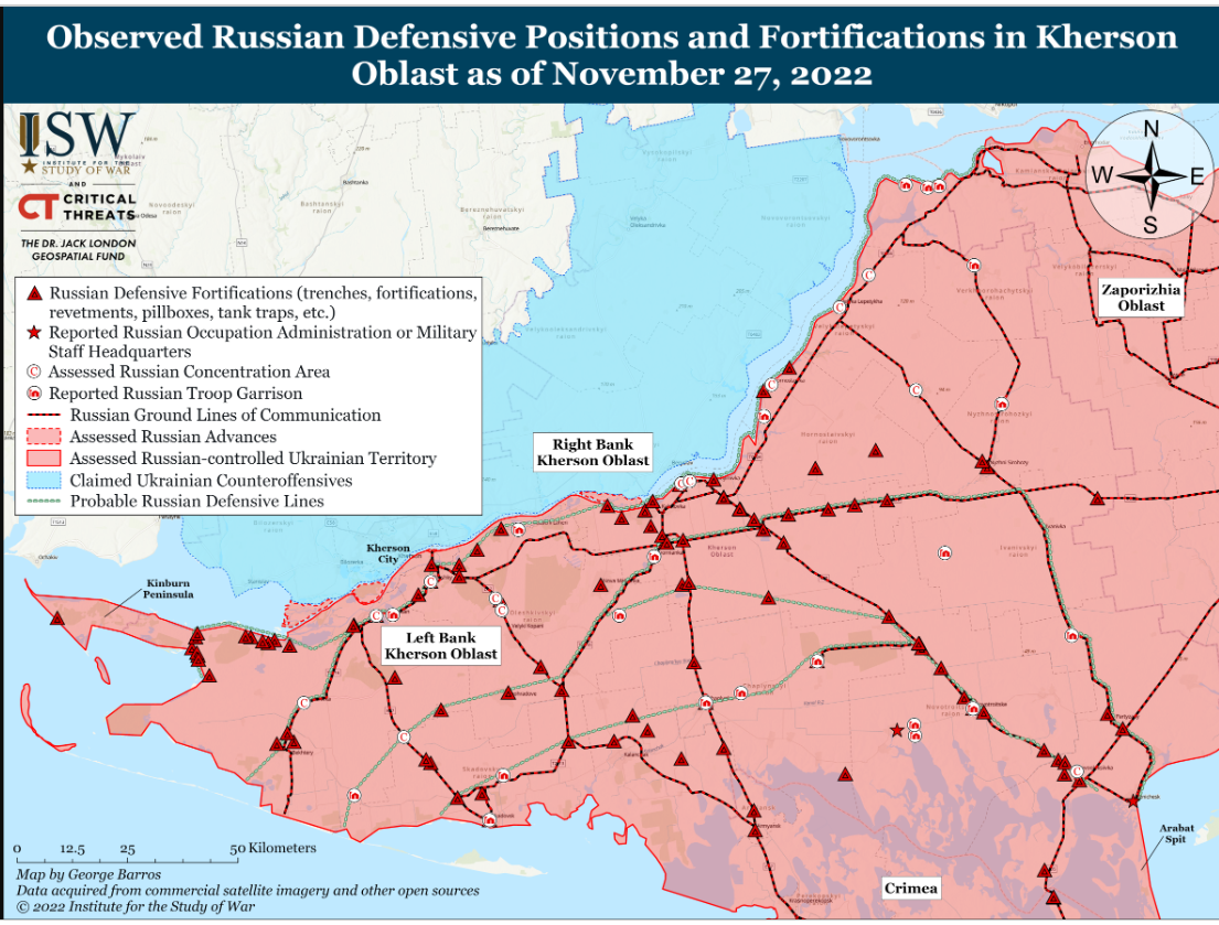 Карта розташування позицій військ рф на лівому березі Херсонської області. Фото ISW