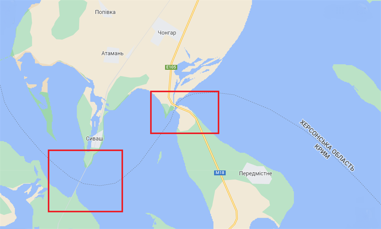 Два ключові мости, що з’єднують Крим з материковою Україної. Їх окупанти використовують для забезпечення Мелітопольського угруповання. Скріншот Google.com.ua/maps/dir