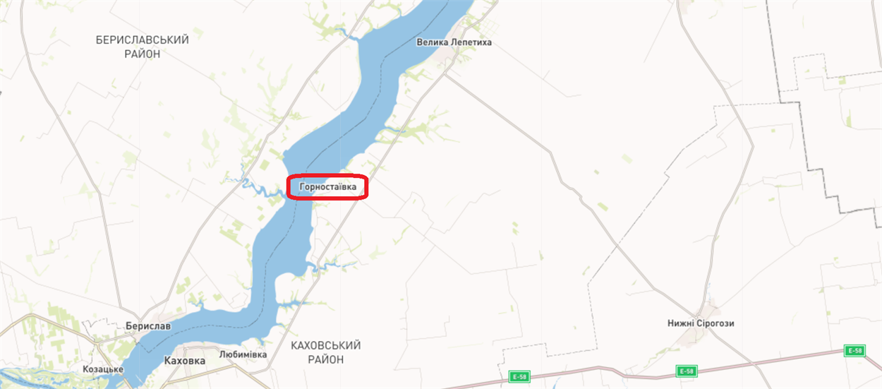 Нині Горностаївки, що знаходиться лівобережжі, тимчасово окупована. Скріншот maps.visicom.ua