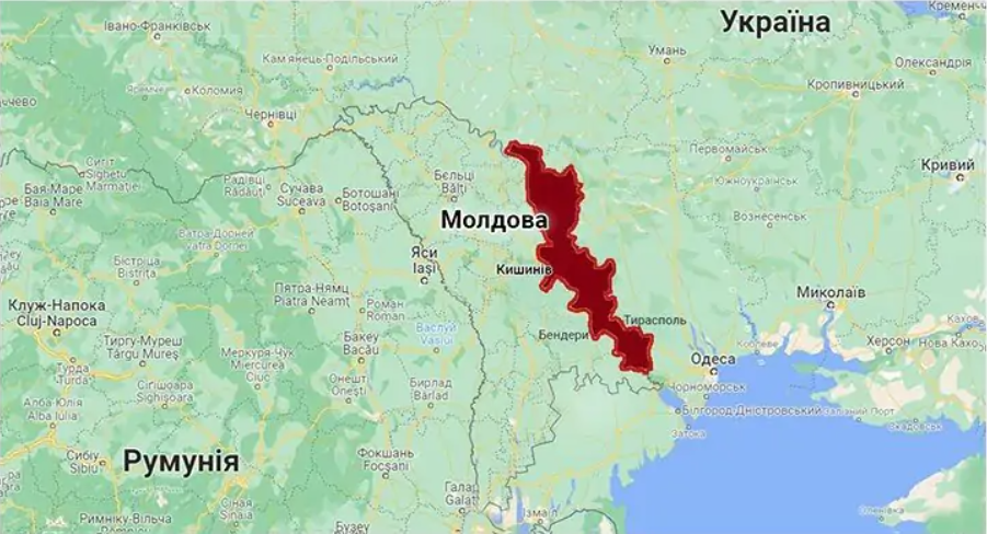 Червоним кольором позначено територію невизнаної ПМРСР. Скріншот карти.