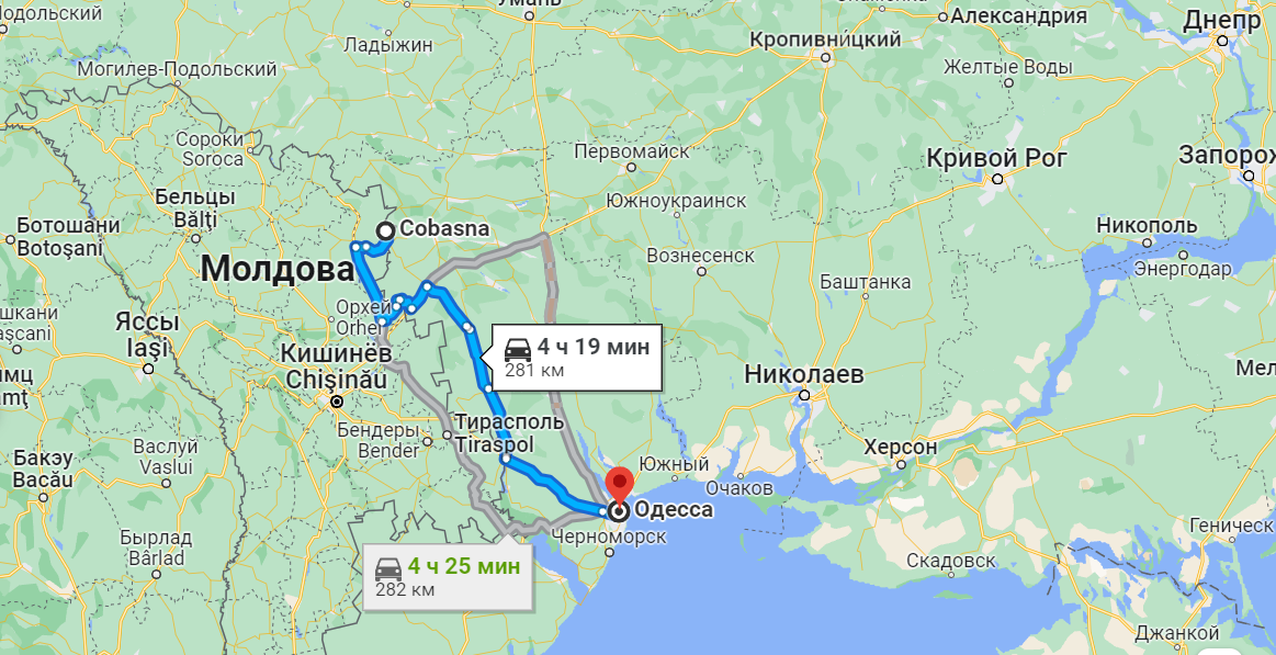 Відтинок шляху від Кобасни до Одеси. Скріншот карти