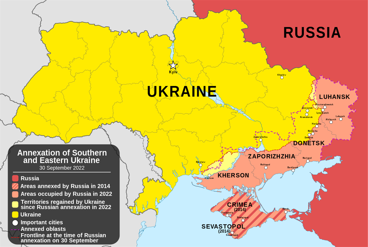 Карта, на якій показано території України, про анексію яких заявила РФ. Карта uk.wikipedia.org