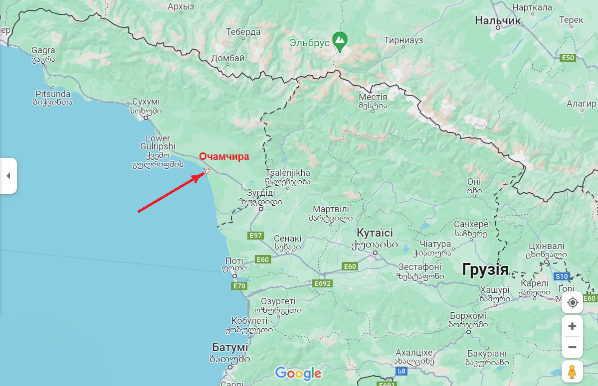 Очамчира — місто в самопроголошеній Республіці Абхазія, розташоване на південному сході республіки. Скріншот: google.com/maps