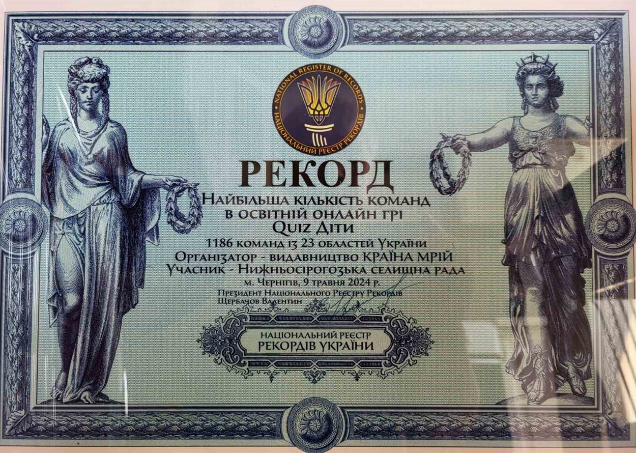 Відзнака з встановлення рекорду вручена учасникам “Quiz Діти” з Сірогозщини
