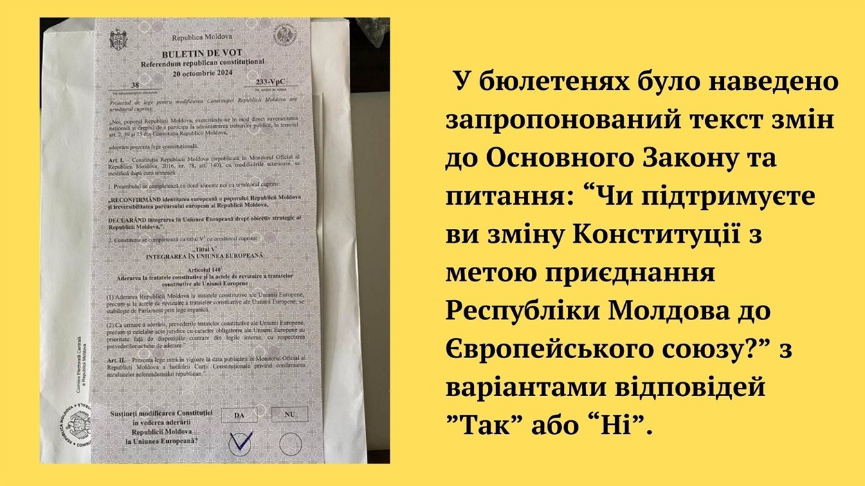 Бюлетень для голосування на референдумі з внесення змін до Конституції Республіки Молдова щодо євроінтеграційного курсу країни. Фото з відкритих джерел 