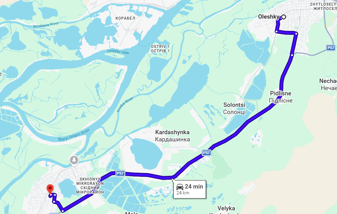 Відстань між Олешками та Голою Пристанню. Фото: Google Maps
