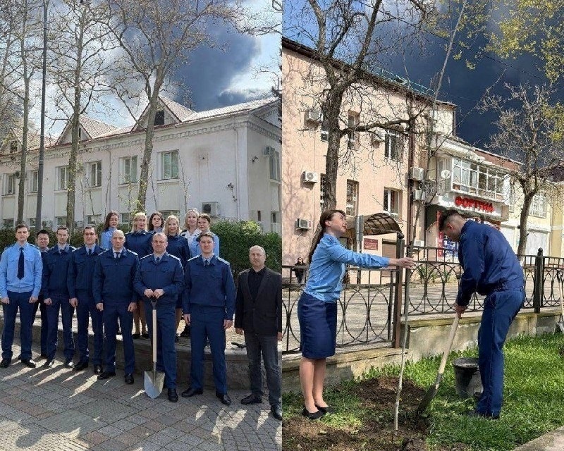 На фото, які опублікувала прокуратура, видно дим від пожежі, що спалахнула після атаки безпілотників на Туапсинський НПЗ. Через хейт у соцмережах пост і фото про висадку дерев видалили. Однак у Telegram каналі “Roman_ekolog” є фотоколаж з описом тих подій. Квітень 2026 року / Російські соцмережі